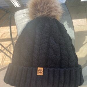Timberland Black Sherpa Knit Beanie with Faux Fur Pom
